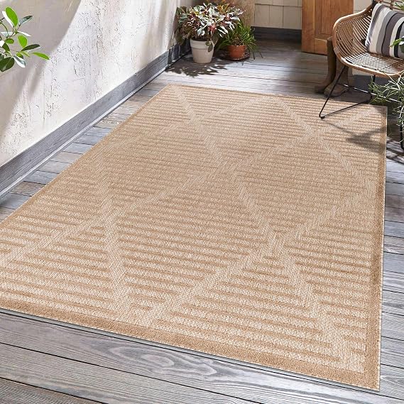 BoutiqueRugs Indoor/Outdoor Brown Geometric 5x7 Area Rug Contemporary Dark Red Beige Trellis Anah Living Room Bedroom Dining Room Home Office Apartment 5'3" x 7' Stain Resistant Non-Shedding